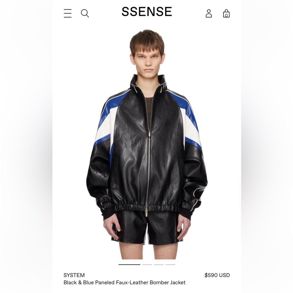 SYSTEM
Black & Blue Paneled Faux-Leather Bomber Jacket